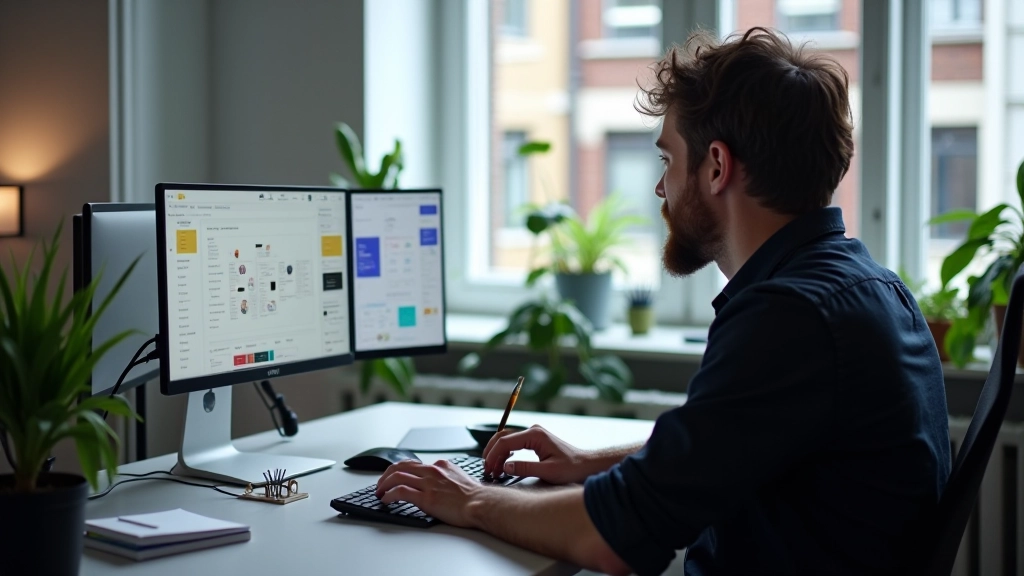 Designsysteem met componenten op monitor in kantooromgeving