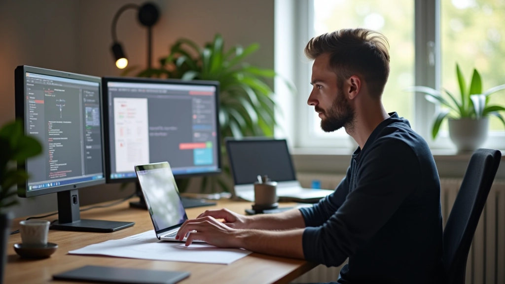 Designer aan het werk met Webflow interface, moderne designstudio met meerdere schermen