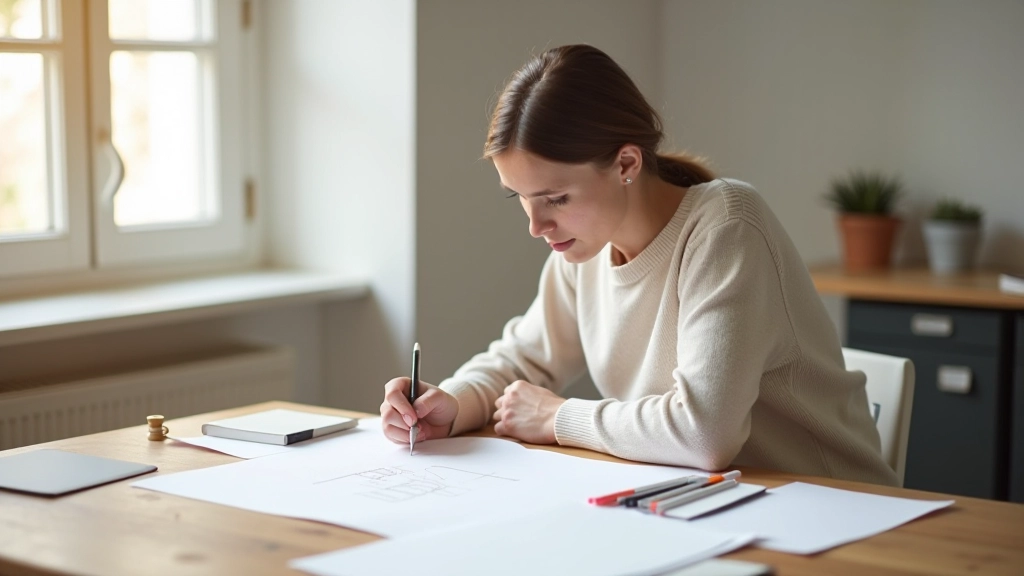 Designer tekent wireframe van website layout op papier met potlood en lineaal, creatieve workspace met notities